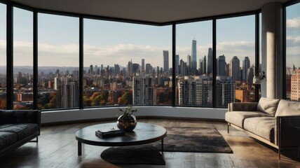 Stunning Urban Living Room View with Modern Aesthetic, Showcasing Breathtaking City Skyline Through Expansive Floor-to-Ceiling Windows in a Cozy