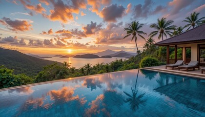 Stunning sunset views from a luxury villa overlooking the ocean surrounded by tropical scenery