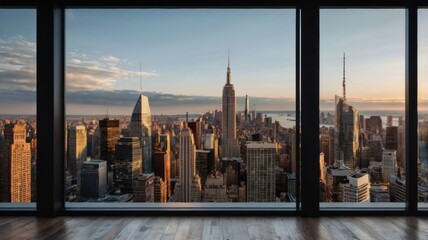 Stunning Urban Living Room View with Modern Aesthetic, Showcasing Breathtaking City Skyline Through Expansive Floor-to-Ceiling Windows in a Cozy