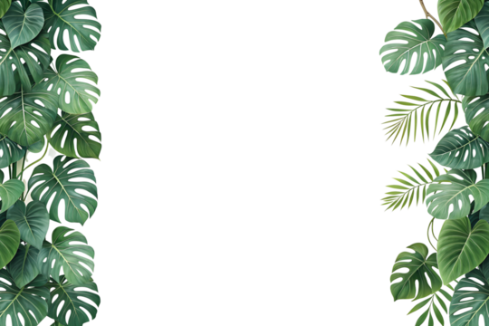 Elegant Vertical Border with Monstera and Philodendron Leaves – Perfect for Design and Decoration on Transparent Background