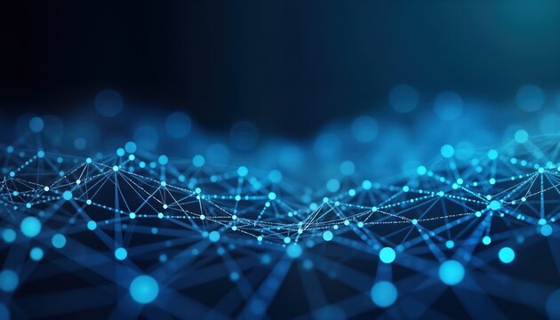 Abstract network pattern. Interconnected dots, lines form complex network. Geometric shapes create modern blue backdrop. Illustration conveys futuristic technology concept. Visualization of data flow