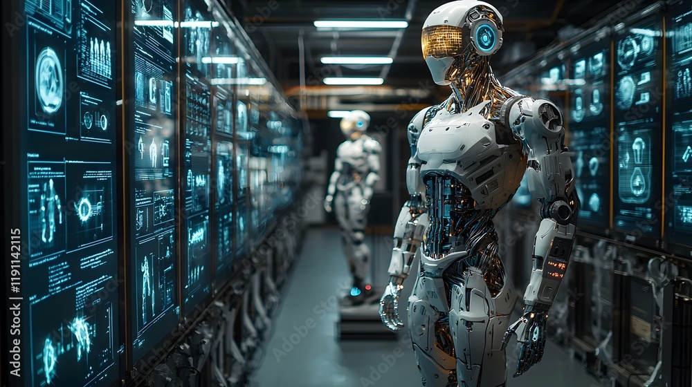Poster robotic engineering lab with holographic displays of humanoid robot designs and automated assembly