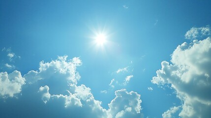 Bright Sunny Day Blue Sky with Fluffy White Clouds Background