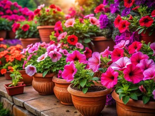Obraz premium Vibrant Pink and Red Petunias in Garden Trays and Pots - Surreal Photography