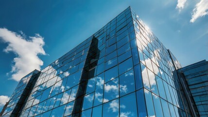 Fototapeta premium Captivating Reflection: A Stunning Perspective of a Modern Glass Building Under a Vibrant Blue Sky with Fluffy Clouds, Showcasing Architectural