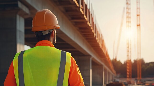 A close-up of a civil engineer in reflective gear, Bridge construction scene, Structural integrity style
