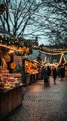 Festive Holiday Market with Lights and Decorated Stalls at Dusk