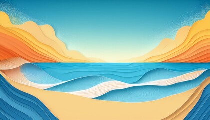 Fototapeta premium Abstract blue sea and beach summer background with curve paper waves and seacoast 