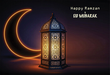 Happy Ramzan and eid mubarak, serene mosque background. Traditional religious symbol crescent, greeting card. Copy space poster and banner for social, electronic and print media. Muslim community.