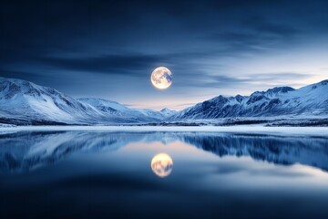 Bright moon illuminates the tranquil mountain lake, casting reflections on the water's surface. Snow-capped peaks surround the scene, creating a serene atmosphere at dusk