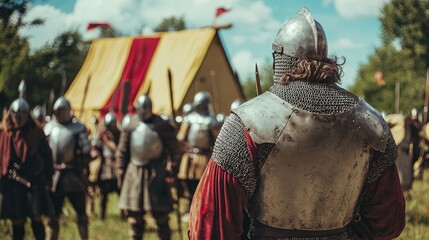 Historical Medieval Battle Scene with Soldiers and Tent Setup