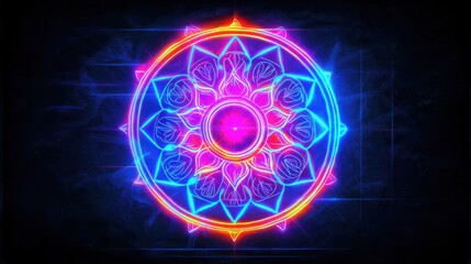 Goal setting planning mindset Concept. Intricate Mandala Design with Fine Chalk Lines in Vibrant Neon Colors on Dark Background.