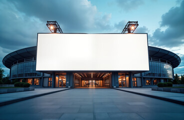 Obraz premium Large blank billboard in front of modern stadium entrance. Evening scene with cloudy sky. Empty space for advertising event. Ready for marketing of sports event festival. Commercial building with