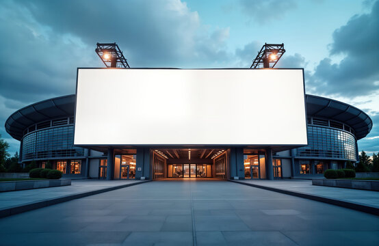 Large blank billboard in front of modern stadium entrance. Evening scene with cloudy sky. Empty space for advertising event. Ready for marketing of sports event festival. Commercial building with