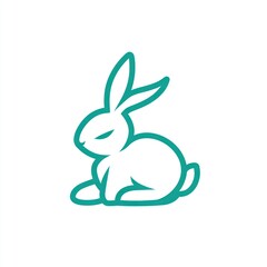 Fototapeta premium Teal line art bunny resting on white background, logo design