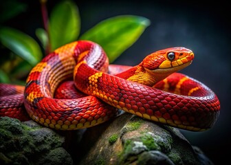 Fototapeta premium Vibrant Red and Yellow Snake on Rock at Night - Nature Wildlife Stock Photo
