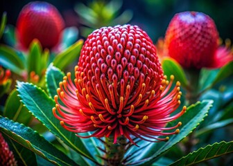 Fototapeta premium Vibrant Red Banksia Flower Close-Up with Lush Green Foliage - Australian Native Flora