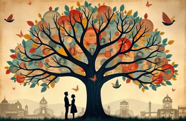 Illustration shows genealogy tree concept. Large tree branches display images. Couple stands below tree. Scene evokes family history, heritage. Romantic love in context of generations. Image suitable