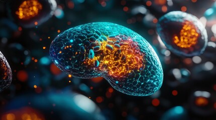 Microscopic Cellular Structure Glowing Bio-Organic Cell with Internal Energy