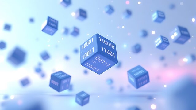 Blockchain Information flows in the digital global networks. 3D illustration of data cells with binary code elements.