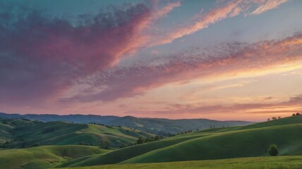 Fototapeta premium A Serene Landscape of Gentle Rolling Hills Bathed in Soft Pastel Colors at Sunset, Capturing the Tranquility and Beauty of Nature