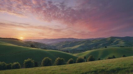 Obraz premium A Serene Landscape of Gentle Rolling Hills Bathed in Soft Pastel Colors at Sunset, Capturing the Tranquility and Beauty of Nature