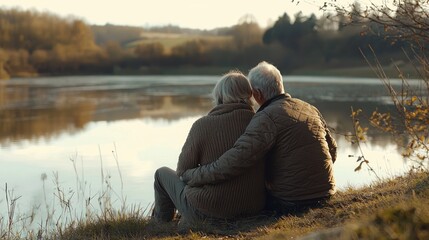 Elderly Couple Embracing by Tranquil Lake Autumnal Scene Peaceful Retirement