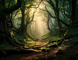Obraz premium A magical forest scene with a sunlit path, twisting trees, lush moss, and golden light streaming through the canopy.