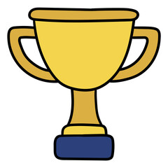 Hand drawn cartoon gold trophy icon on white background.