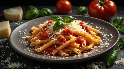 Delicious Pasta with Rich Tomato Sauce, Topped with Fresh Basil and Grated Cheese, Perfect for Gourmet Meals and