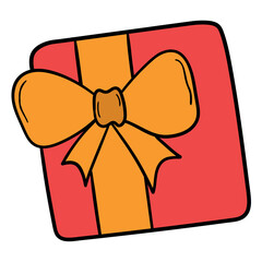 Hand drawn cartoon red closed gift box icon on white background.