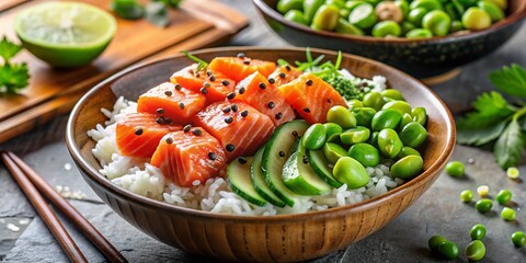 Vibrant Salmon Poke Bowl with Edamame, Cucumber, and Rice - High-Resolution Stock Photo