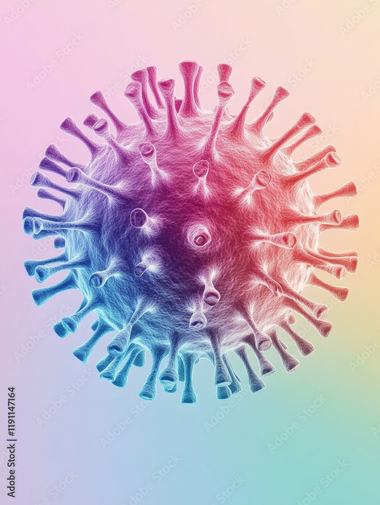 Poster colorful and clean illustration of a virus highlighting its structure and features in a vibrant desi