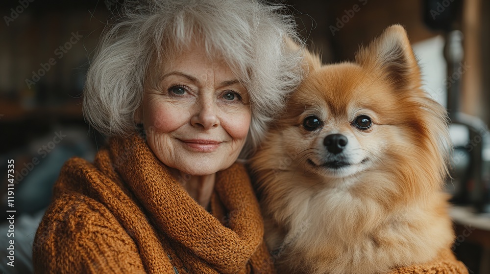 Poster Senior woman smiling gently with her Pomeranian dog.