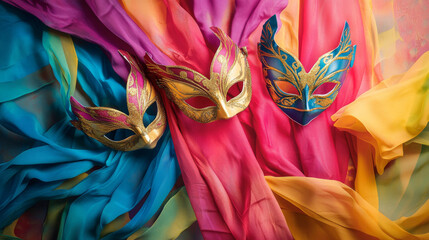 Three elegantly designed masquerade masks in gold, pink, and blue lie on vibrant silk fabric, symbolizing creativity and tradition during a festive or cultural celebration