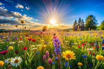 Vibrant Spring Meadow - Sunlit Wildflowers and Lush Green Grass