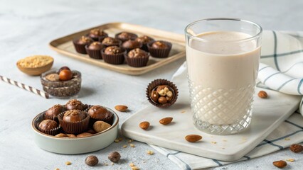 Alternative concepts for plant based milk. Frosted Glass of Milk with Hazelnut Treats and Chocolates on a Light Surface.
