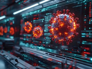 Futuristic Disease Control Lab with Interactive Holographic Virus Outbreak Simulations