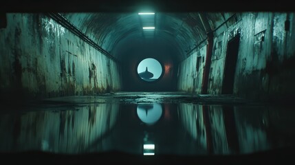A submarine partially submerged in a narrow,