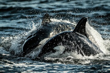 Obraz premium Highquality DSLR photo of Orca mother teaching calf to hunt highlighting closeup composition dramatic lighting and family bonds