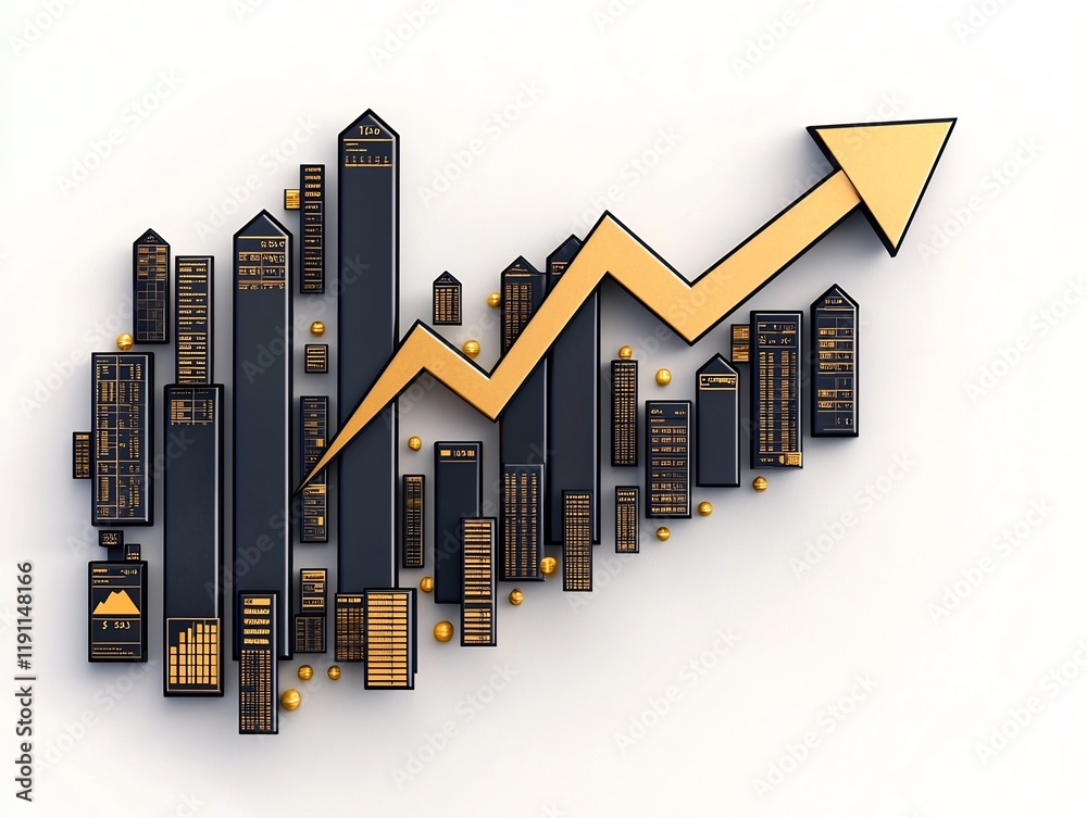 Poster a striking abstract geometric composition depicting a statistical financial chart with an ascending 