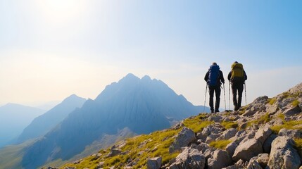 Two hikers trekking on rocky terrain with mountains in the background under a clear sky.