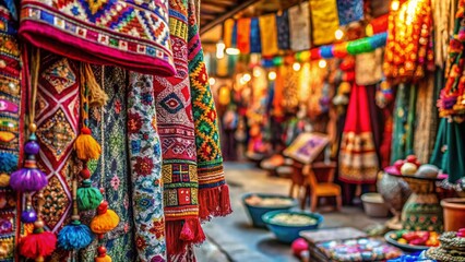 Fototapeta premium Vibrant Textile Bazaar: Macro Photography of Colorful Fabrics in a Bustling Outdoor Market