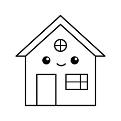 Cute house. Cute character, black and white kawaii illustration, coloring page.