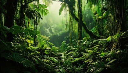 Obraz premium A lush tropical rainforest comes alive with dense greenery, towering trees, and hanging vines, framing a serene pathway that invites exploration into nature.