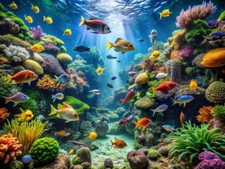 Naklejka premium Vibrant Tropical Fish Swimming in a Lush Aquarium Landscape