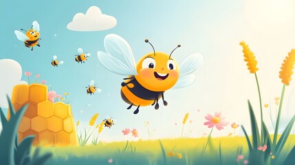 Happy Bees Flying Over Honeycomb In Sunny Meadow