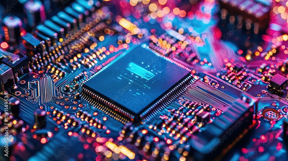 Poster close-up view of colorful circuit board with microchip and lights