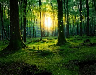 Obraz premium A serene forest setting with golden sunlight streaming through the canopy, tall trees standing proudly, lush moss underfoot, and fireflies casting a soft, enchanting glow.