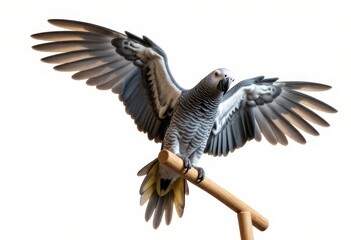 Obraz premium Gray parrot with spread wings on wooden perch